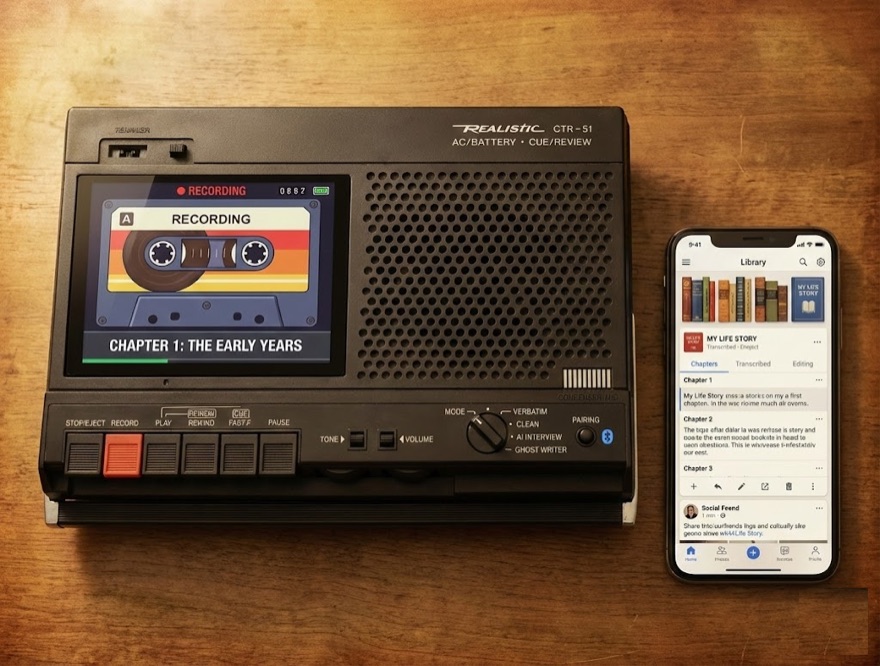 The LegacyTape recorder prototype next to its companion app